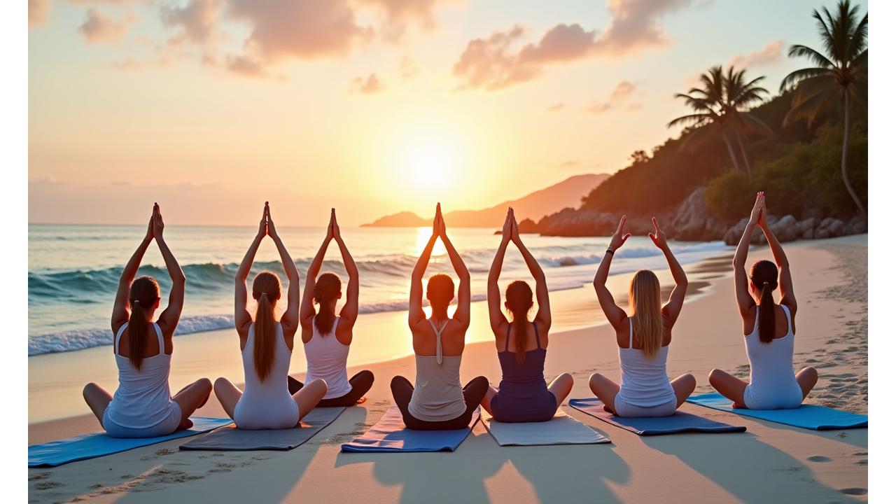 沖縄ビーチリトリート：夕焼けのビーチでヨガをする人々